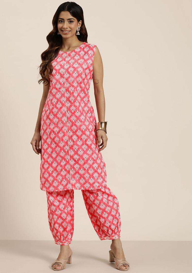 Pink Printed Cotton Kurta Set - Indya