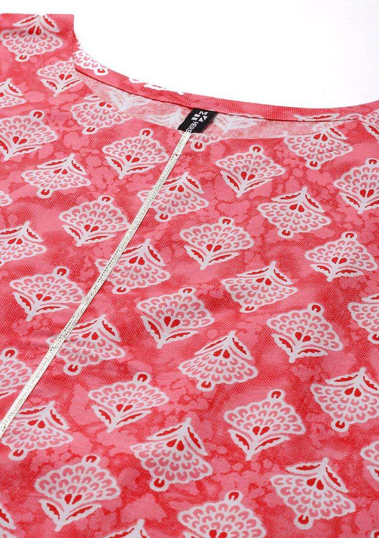 Pink Printed Cotton Kurta Set - Indya