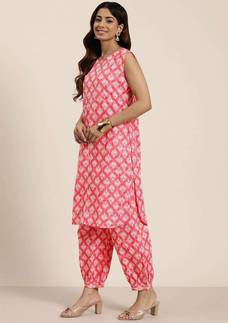 Pink Printed Cotton Kurta Set - Indya