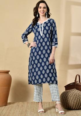 Navy Blue Printed Viscose Kurta Set