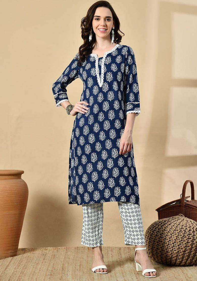 Navy Blue Printed Viscose Kurta Set - Indya