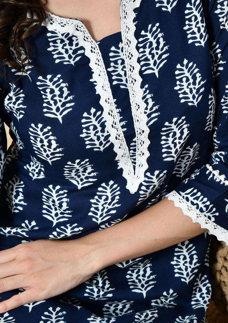 Navy Blue Printed Viscose Kurta Set - Indya