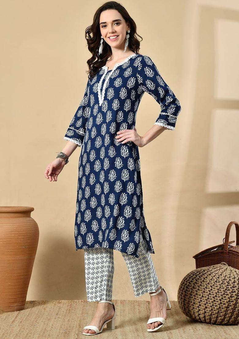 Navy Blue Printed Viscose Kurta Set - Indya