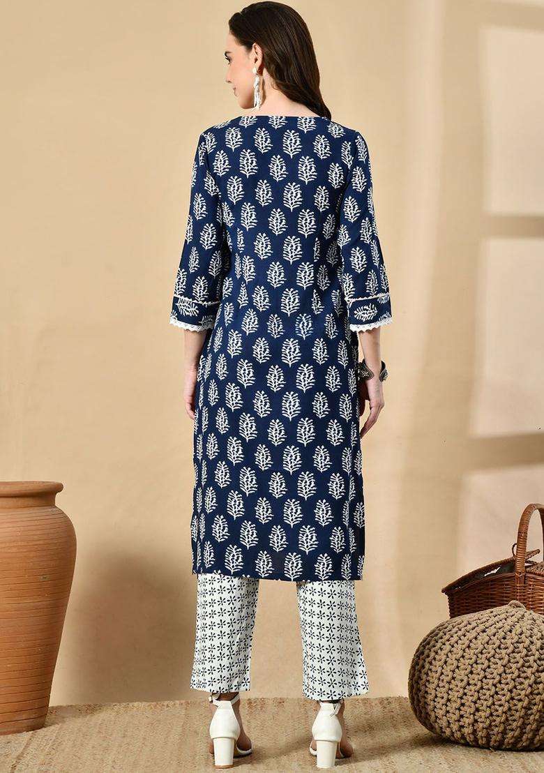 Navy Blue Printed Viscose Kurta Set - Indya