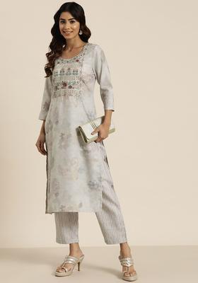 Grey Embroidered Cotton Kurta Set