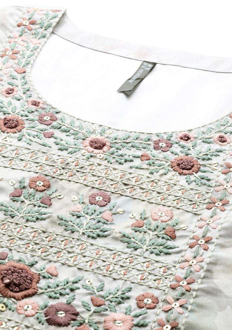 Grey Embroidered Cotton Kurta Set - Indya