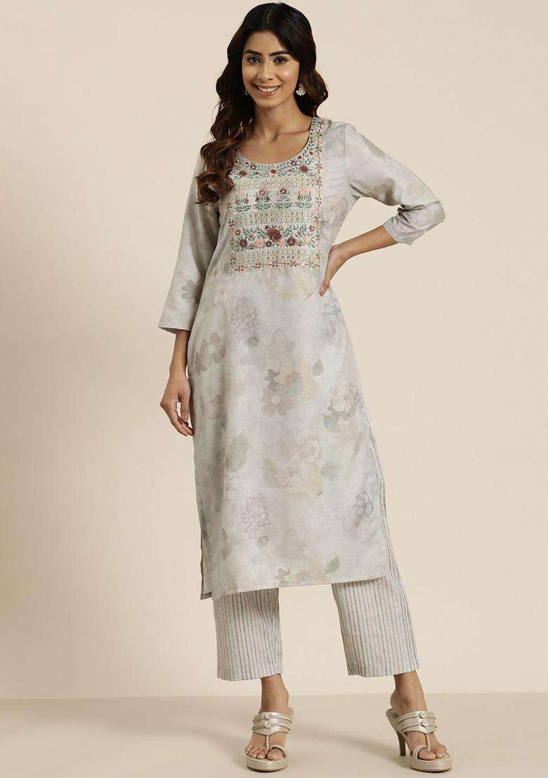 Grey Embroidered Cotton Kurta Set - Indya