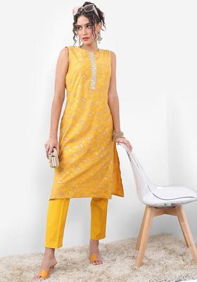 Yellow Printed Polyester Kurta Set