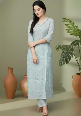 Light Blue Printed Silk Kurta Set