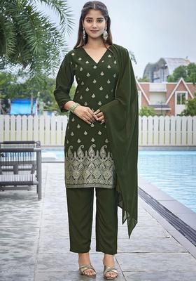 Green Printed Polyester Kurta Set