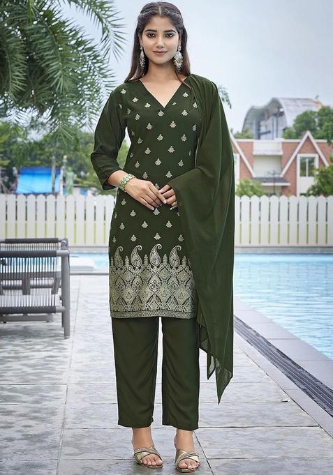 Green Printed Polyester Kurta Set — view on Indya