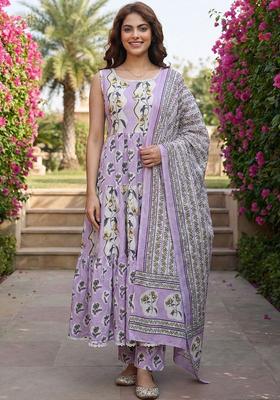 Lavender Printed Cotton Kurta Set