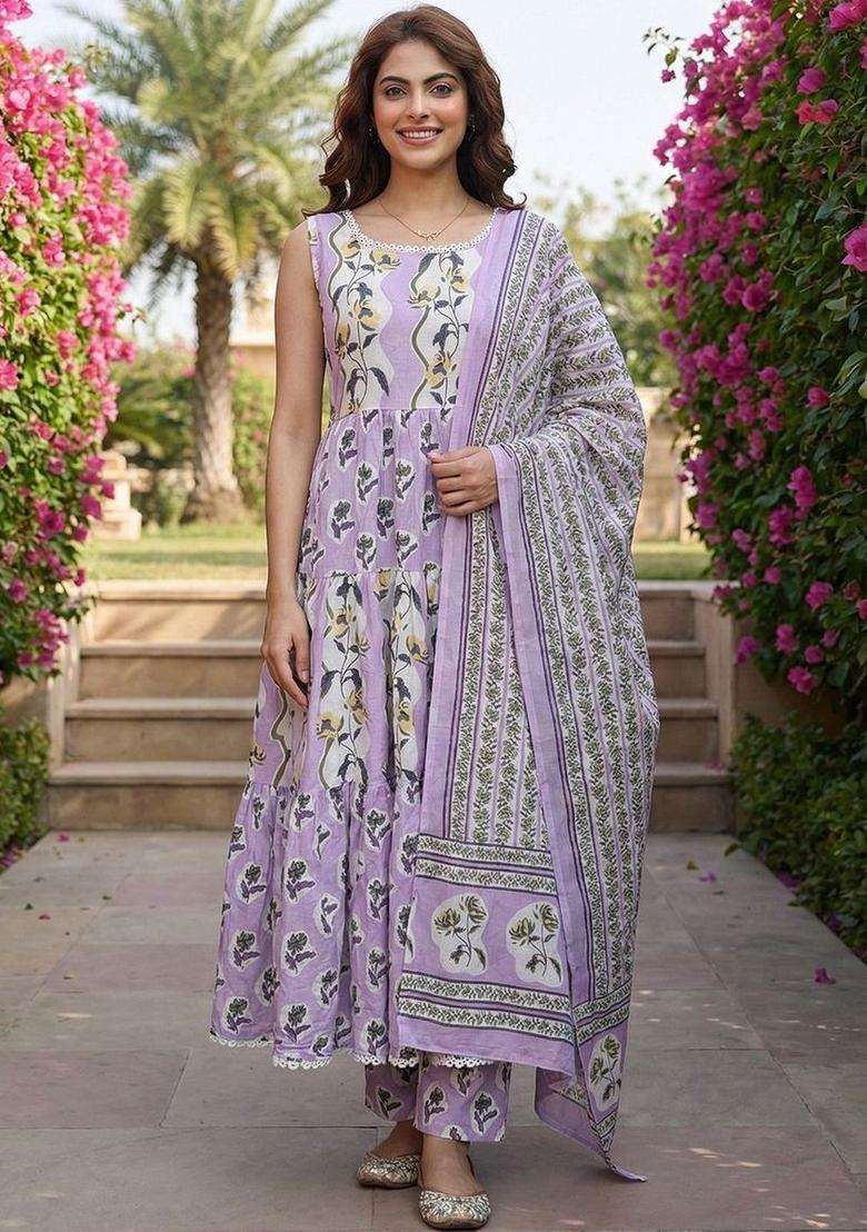 Lavender Printed Cotton Kurta Set - Indya