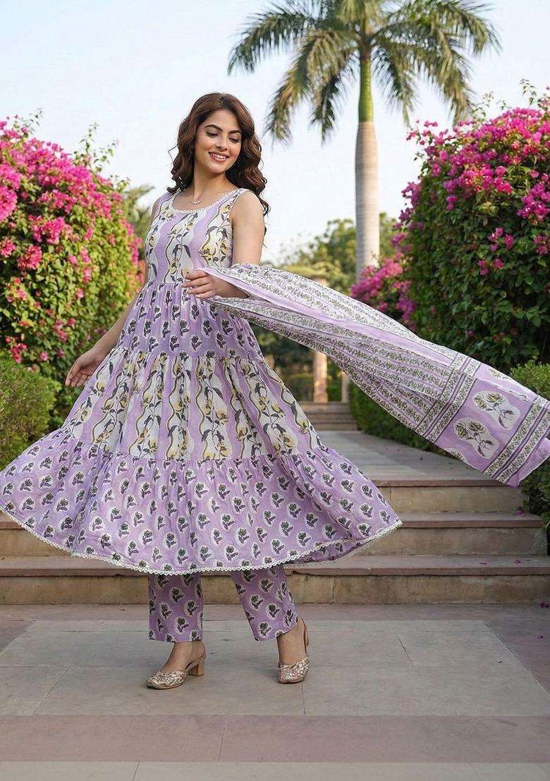 Lavender Printed Cotton Kurta Set - Indya