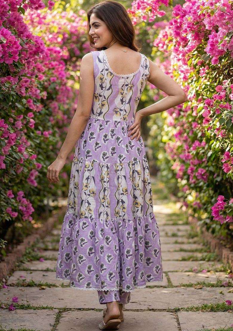 Lavender Printed Cotton Kurta Set - Indya