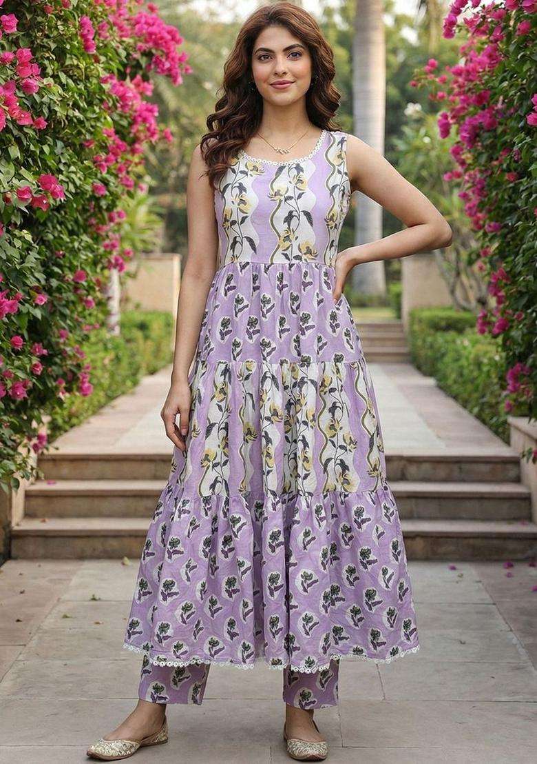 Lavender Printed Cotton Kurta Set - Indya
