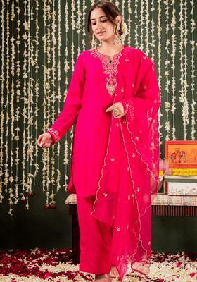 Fuchsia Embroidered Cotton Kurta Set