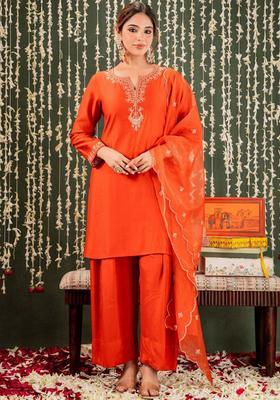 Orange Embroidered Cotton Kurta Set