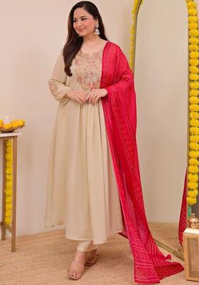Beige Embroidered Viscose Kurta Set