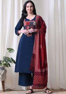 Navy Blue Printed Cotton Kurta Set
