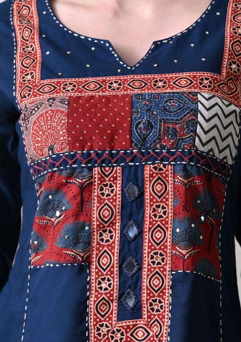 Navy Blue Printed Cotton Kurta Set - Indya