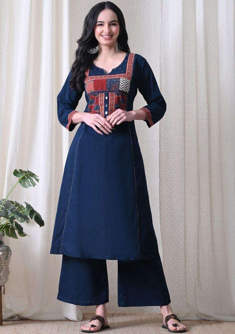 Navy Blue Printed Cotton Kurta Set - Indya