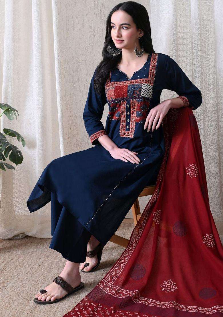 Navy Blue Printed Cotton Kurta Set - Indya