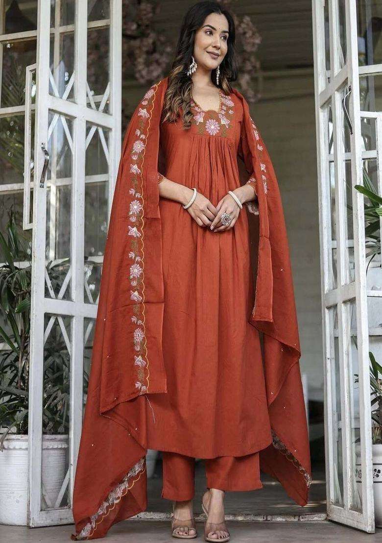 Rust Embroidered Viscose Kurta Set - Indya