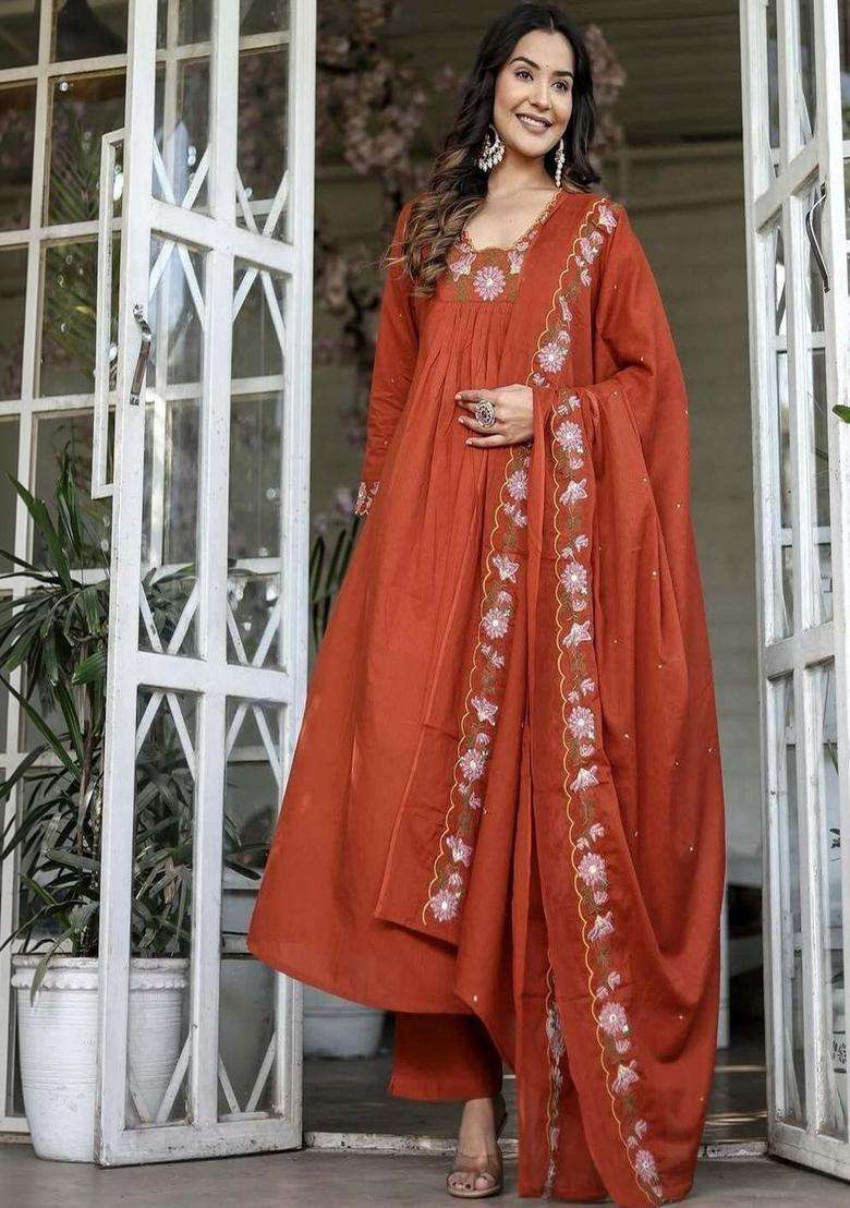 Rust Embroidered Viscose Kurta Set - Indya