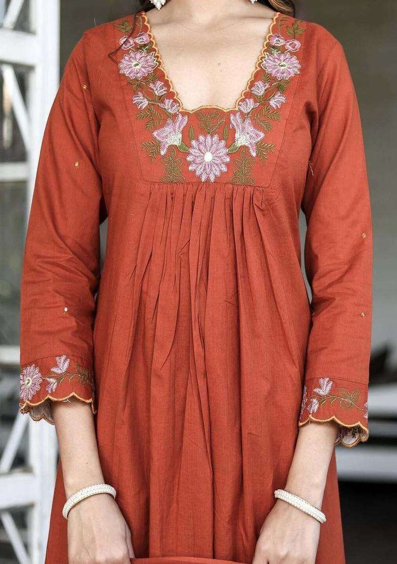 Rust Embroidered Viscose Kurta Set - Indya