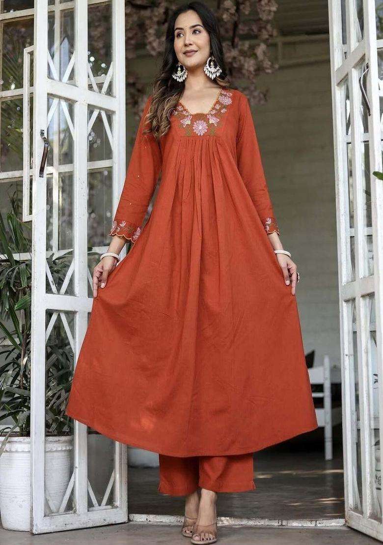 Rust Embroidered Viscose Kurta Set - Indya
