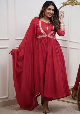 Red Embroidered Cotton Kurta Set