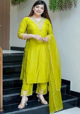 Lime Green Embroidered Silk Kurta Set