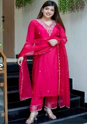 Fuchsia Embroidered Silk Kurta Set