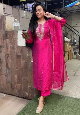 Magenta Embroidered Silk Kurta Set