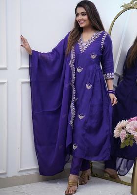 Purple Embroidered Polyester Kurta Set