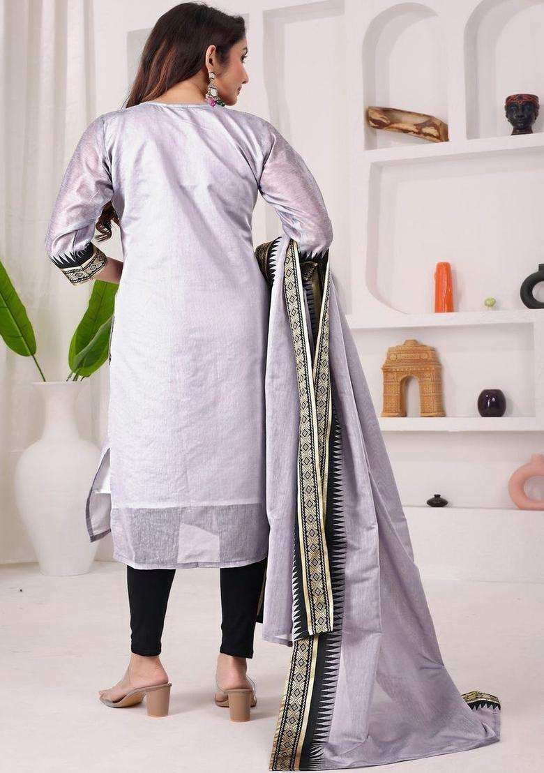 Grey Printed Cotton Kurta Set - Indya
