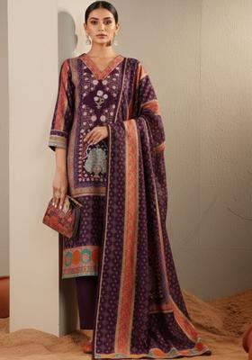 Purple Printed Silk Kurta Set