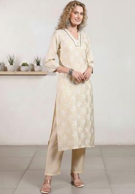 Cream Woven Design Silk Blend Kurta Set