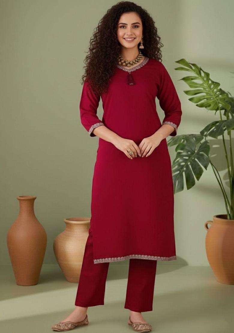 Maroon Solid Silk Blend Kurta Set - Indya