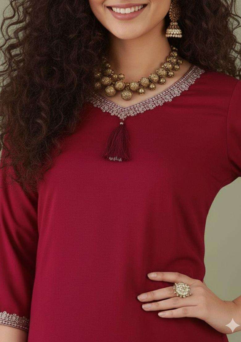 Maroon Solid Silk Blend Kurta Set - Indya