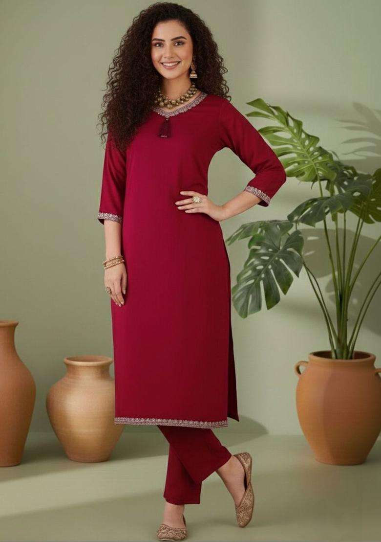 Maroon Solid Silk Blend Kurta Set - Indya