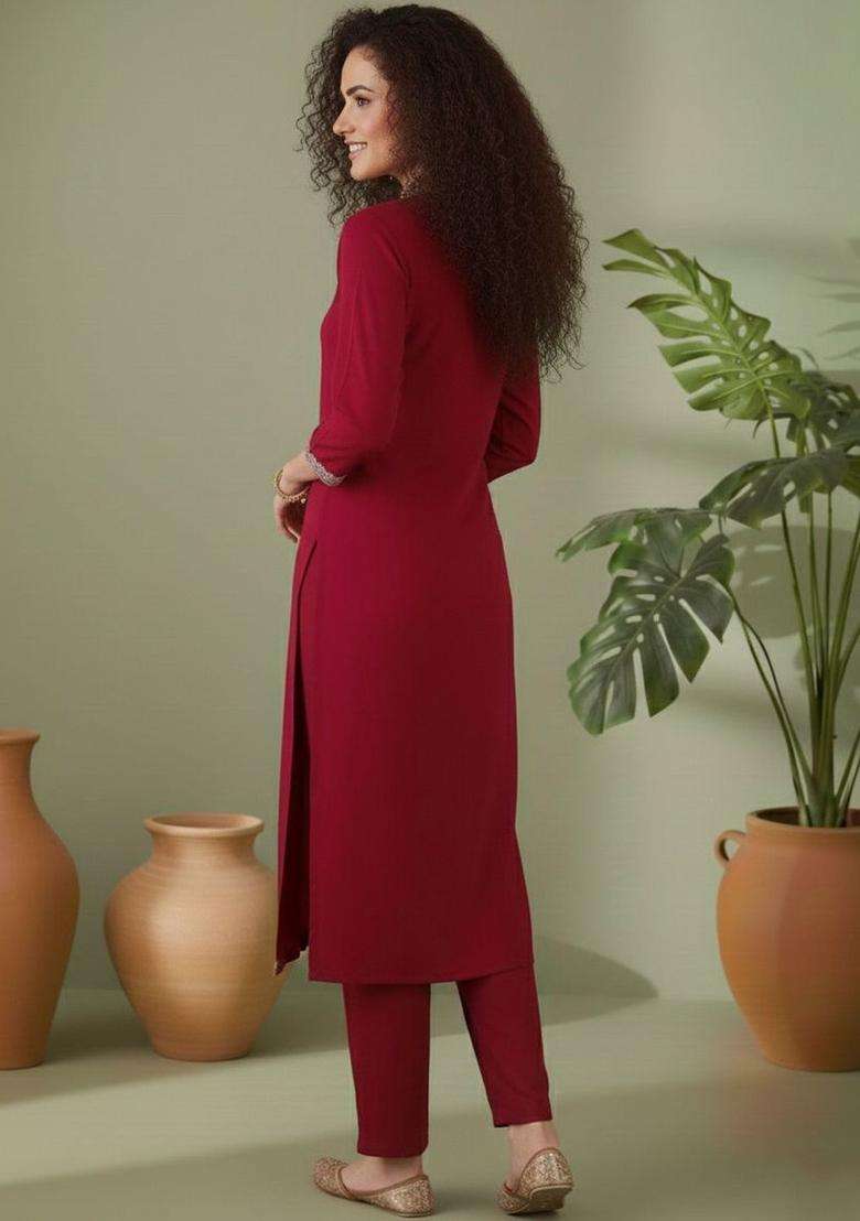 Maroon Solid Silk Blend Kurta Set - Indya