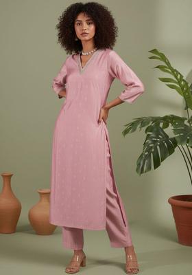Pink Self Design Silk Blend Kurta Set