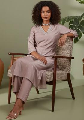 Mauve Self Design Silk Blend Kurta Set