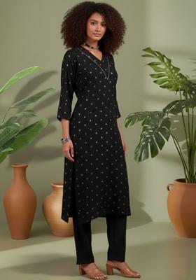 Black Printed Silk Blend Kurta Set