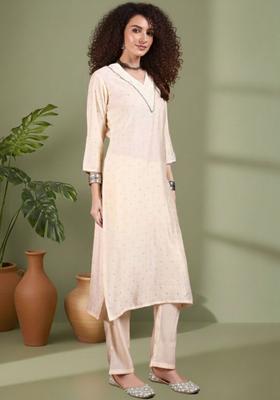 Off White Printed Silk Blend Kurta Set