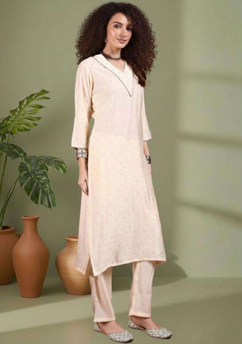 Off White Printed Silk Blend Kurta Set - Indya