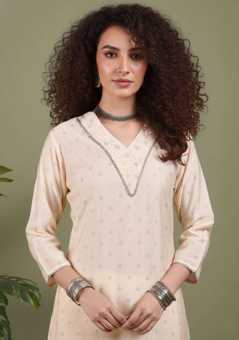 Off White Printed Silk Blend Kurta Set - Indya