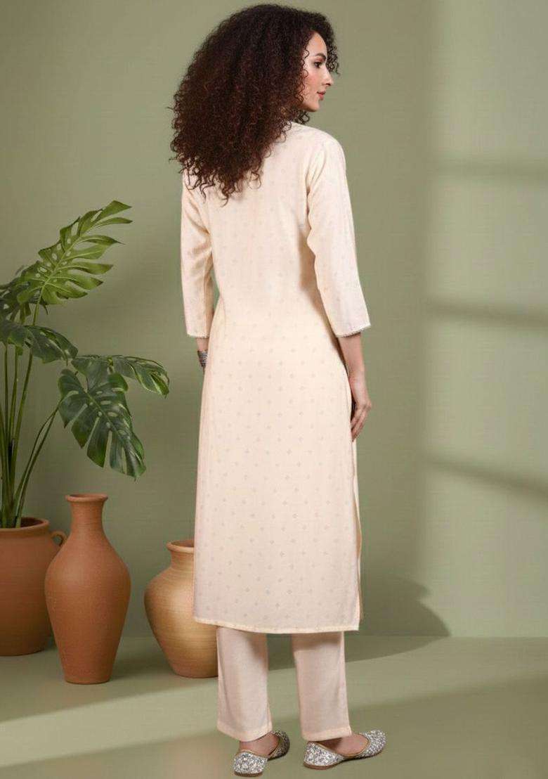 Off White Printed Silk Blend Kurta Set - Indya